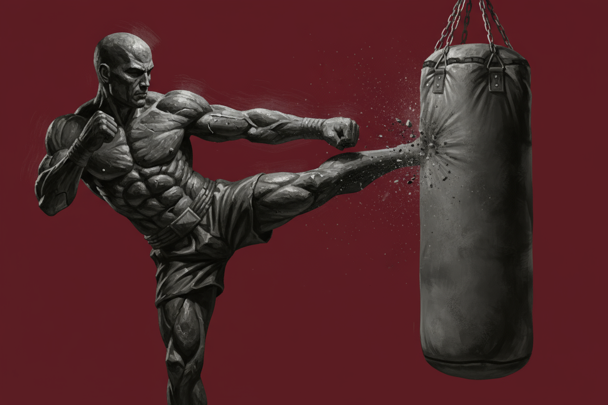 Erstelle ein Bild bei dem ein muay Thai Kämpfer aus Stein gezeigt wird, der einen Boxsack kickt. Mach das Bild dynamisch und im gemalten Stil. Der Mann und der boxsack sollten schwarz weiß sein und der Hintergrund Wein rot