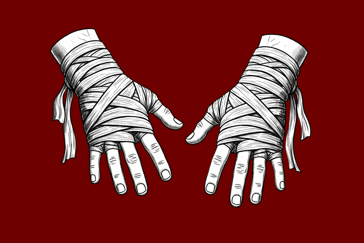 Erstelle ein Bild von zwei Händen die nach unten zweigen in einem Leichen Winkel mit gespreizten Fingern. Die Hände haben Bandagen von muay Thai an. Es ist im gezeichneten Stil, schwarz weiß mit Wein rotem Hintergrund 