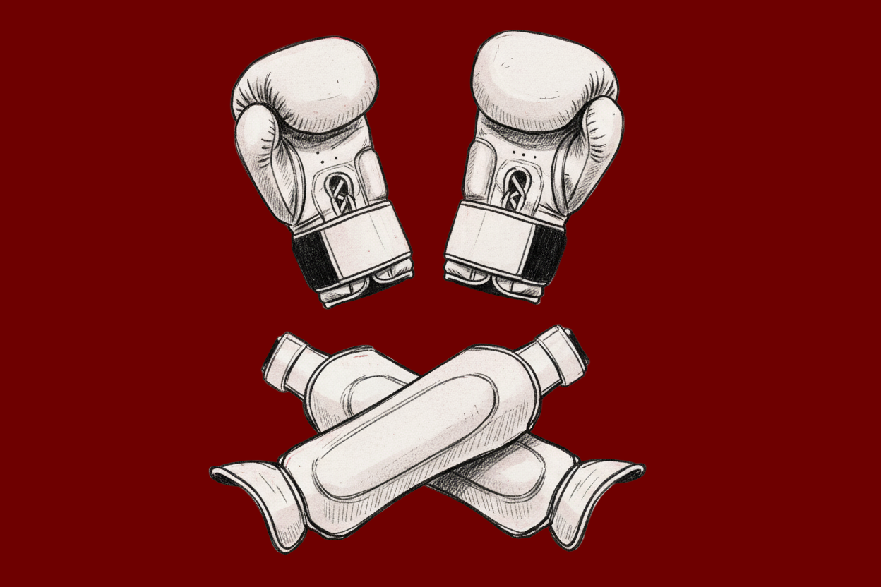 Generiere ein Bild im gezeichneten style von Boxhandschuhen und Muay Thai schebeinschoner in schwarz weiß mit ein roten hintergrund